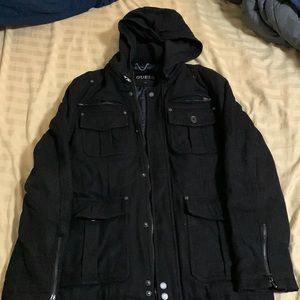 GUESS Premium Wool Long Hooded Semi-Formal Peacoat Jacket